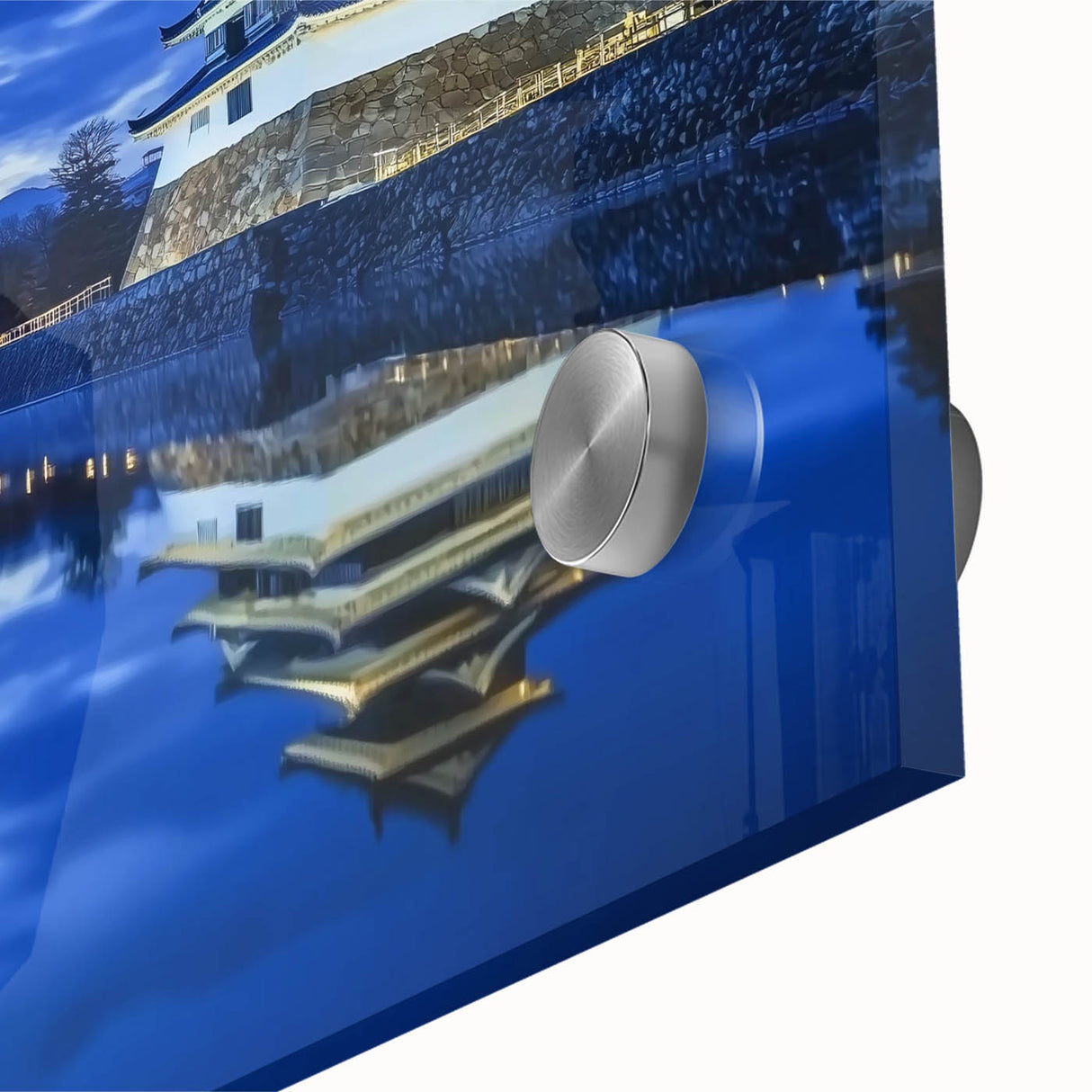 A vibrant close-up of an acrylic glass artwork depicting a majestic castle landscape, showcasing intricate details and vivid colors, perfect for home decor.