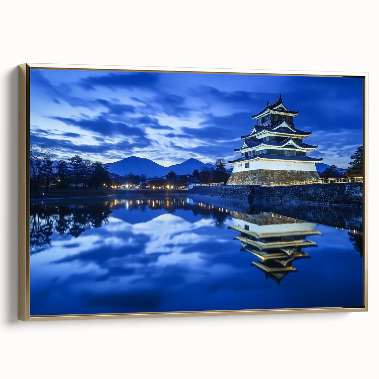 Framed canvas artwork showcasing a picturesque landscape with a majestic castle, gold frame accentuating the scene, ideal for elegant home décor.