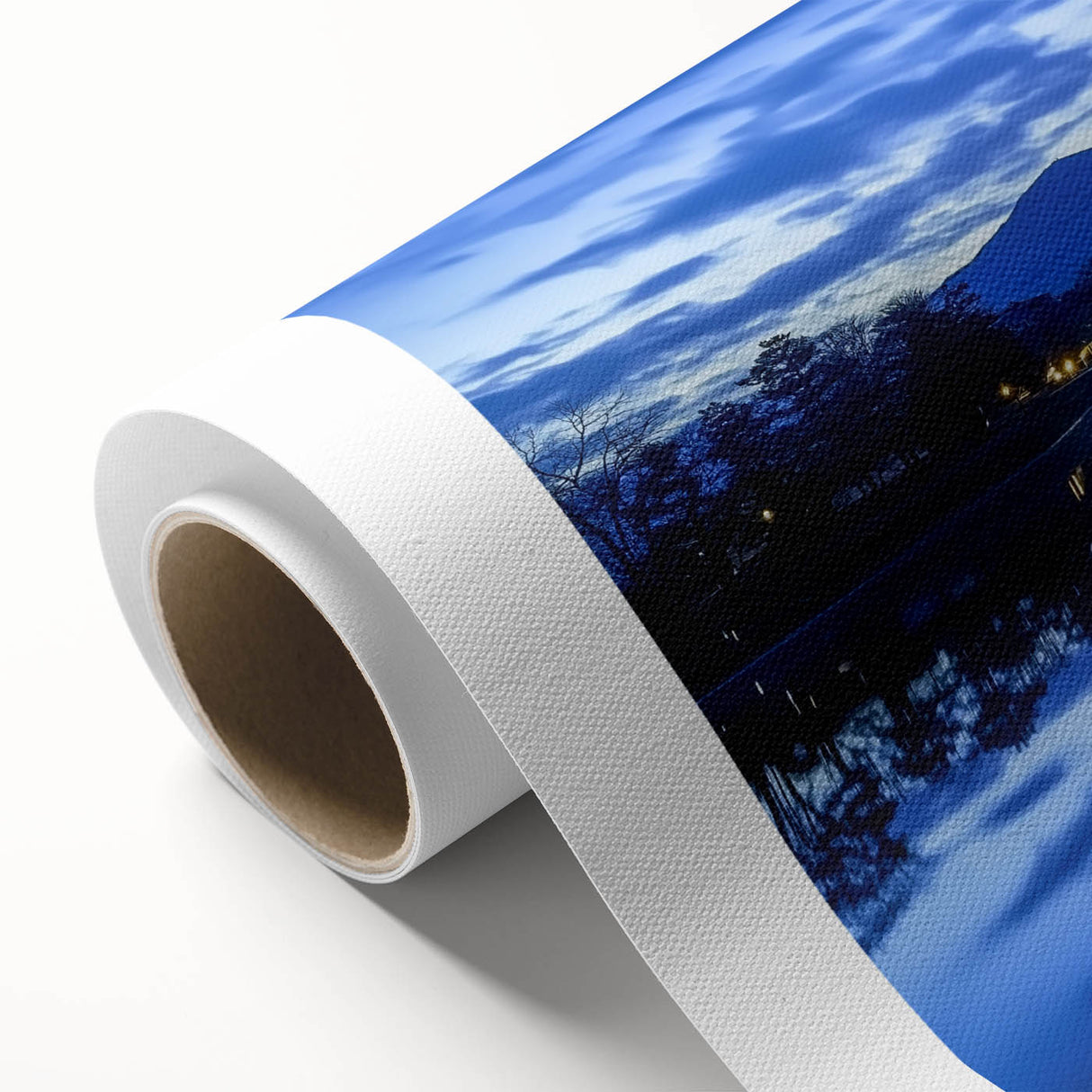 Rolled canvas artwork depicting a serene landscape with a majestic castle set against a vibrant sunset sky, showcasing rich colors and intricate details, ideal for home decor.