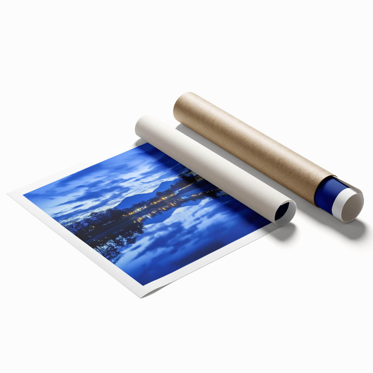 Rolled print showcasing a vibrant landscape featuring a majestic castle surrounded by lush greenery, designed for stylish home decor, securely packaged in a protective tube.