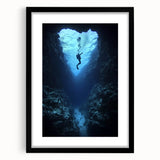 Framed black landscape artwork featuring a cave scene, showcasing intricate details and textures, perfect for modern home decor in a stylish setting.