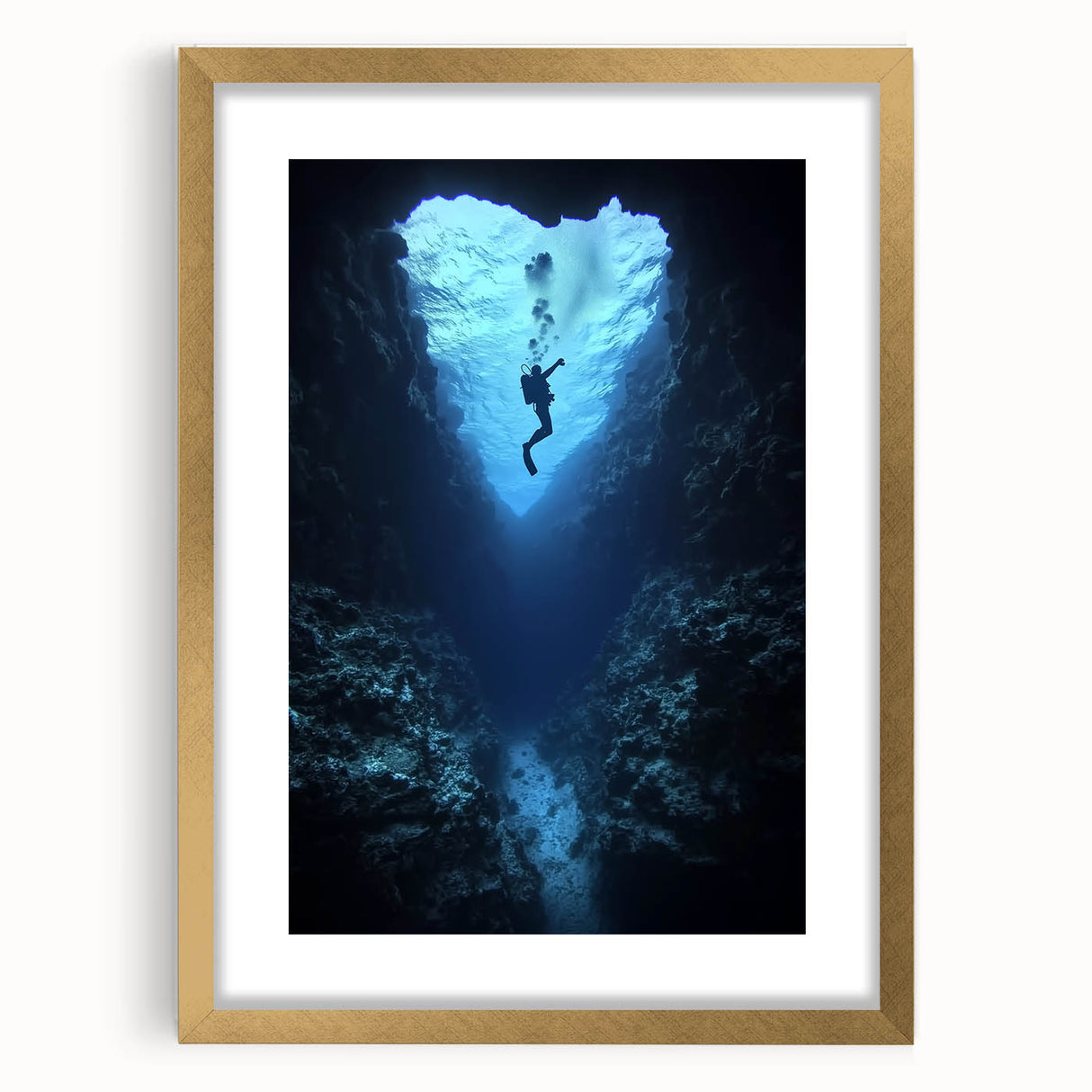 Elegant gold-framed landscape artwork featuring intricate cave designs, showcasing vibrant colors and textures, perfect for home decor or art collection.