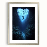 Framed landscape artwork depicting a serene cave scene, featuring a silver matting and sleek frame, ideal for modern home decor and enhancing living spaces.