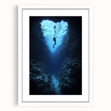 Framed landscape artwork depicting a serene cave scene, featuring a white mat and elegant frame, ideal for home decor and enhancing interior aesthetics.