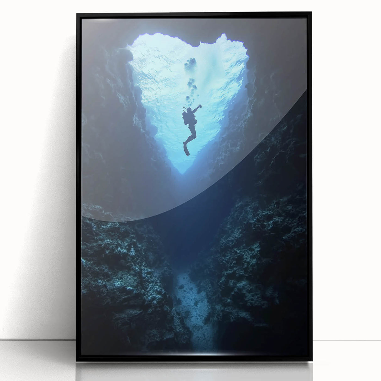 Framed acrylic landscape artwork depicting a serene cave scene, featuring rich colors and intricate details, ideal for enhancing modern home decor.
