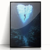 Framed acrylic landscape artwork depicting a serene cave scene, featuring rich colors and intricate details, ideal for enhancing modern home decor.