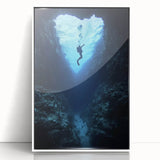 Framed acrylic artwork showcasing a serene landscape with intricate cave details, presented in a sleek white frame, ideal for modern decor enhancement.