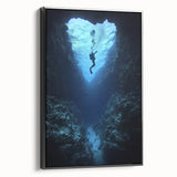 Framed canvas artwork showcasing a stunning landscape of caves with rich textures and vibrant colors, complemented by a sleek black frame, ideal for home decor.