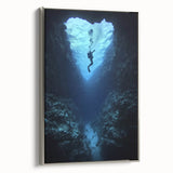 Framed canvas artwork depicting a serene landscape featuring intricately designed caves, accented with a sleek silver frame, ideal for modern home decor.