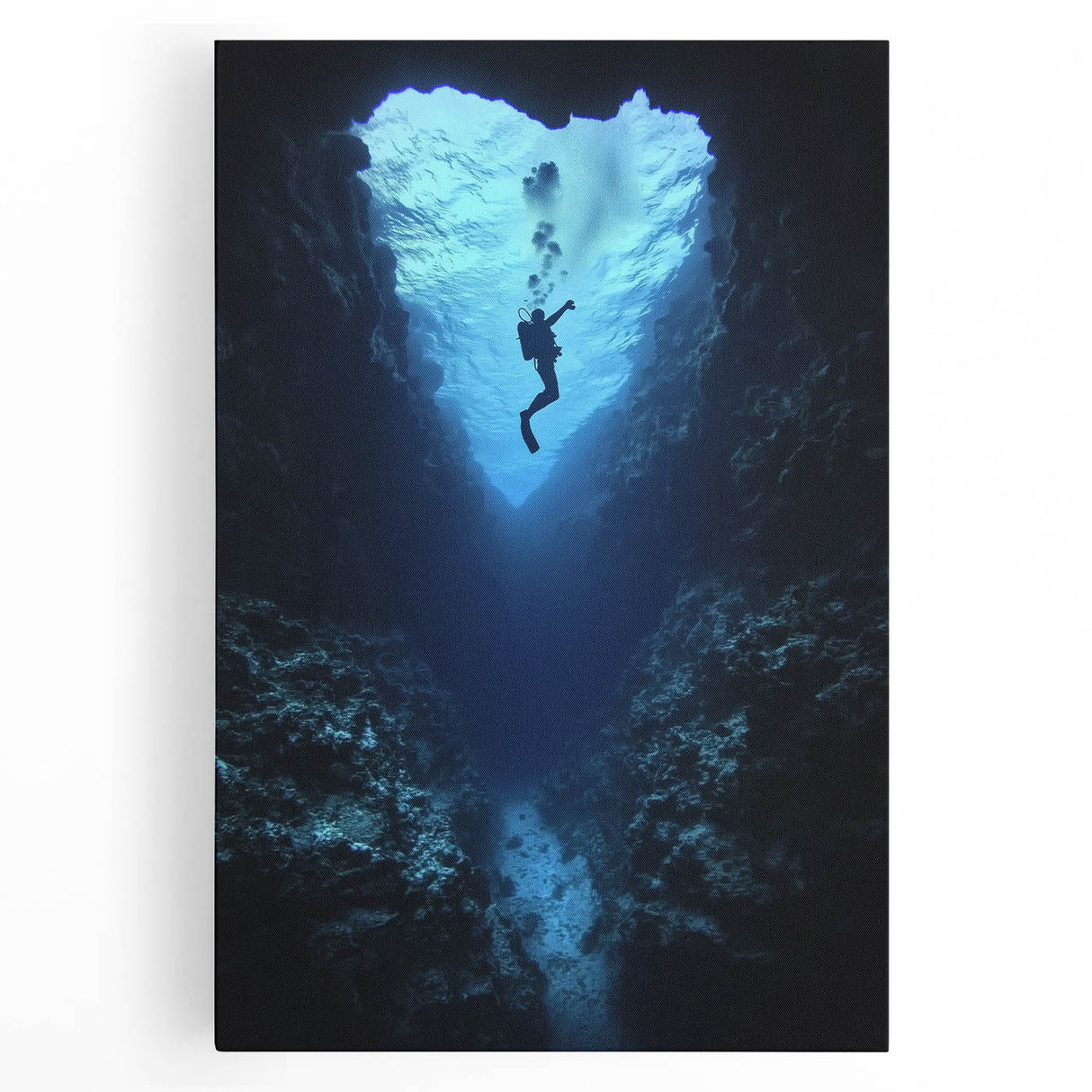Vibrant stretched canvas artwork depicting a serene landscape with caves and lush greenery, perfect for home décor or art enthusiasts seeking nature-inspired pieces.