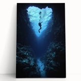 Stretched canvas featuring a serene landscape scene with caves and a vibrant sunset, showcasing rich colors and textures, perfect for home décor.