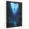 Stretched canvas artwork depicting a serene cave landscape with earthy tones, showcasing intricate textures and shadows, perfect for home decor enthusiasts.