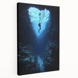 Stretched canvas artwork depicting a serene cave landscape with earthy tones, showcasing intricate textures and shadows, perfect for home decor enthusiasts.