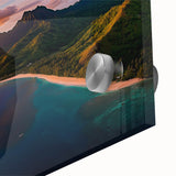 Close-up of vibrant acrylic landscape artwork showcasing dramatic cliffs in rich colors, displayed on glass for a stunning visual effect, ideal for home decor.