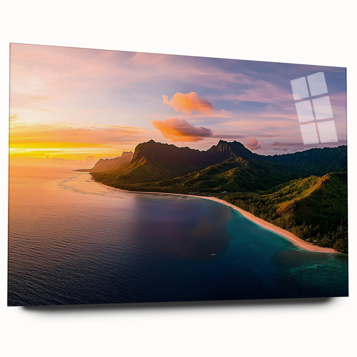 Acrylic landscape artwork showcasing rugged cliffs and vibrant colors, displayed without pins for a sleek side view, ideal for modern home decor.
