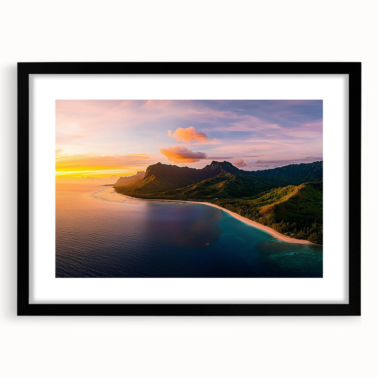 Black-framed landscape artwork featuring a dramatic cliff scene, showcasing vibrant colors and intricate details, surrounded by a crisp white mat for an elegant presentation. Ideal for enhancing home decor or office ambiance.