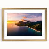Front view of a gold-framed landscape artwork featuring majestic cliffs, elegantly matted for a sophisticated look, ideal for home decor or gallery display.