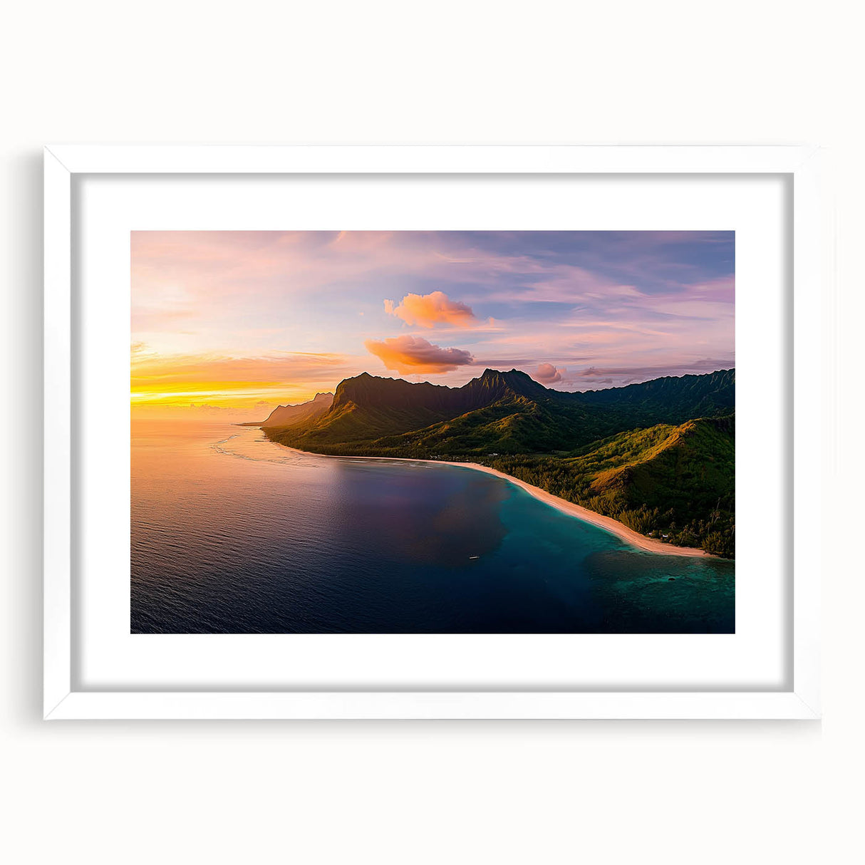 Framed landscape art showcasing dramatic cliffs under a serene sky, presented in a sleek white mat. Perfect for home decor or office spaces, adding a touch of elegance.