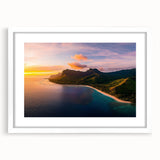 Framed landscape art showcasing dramatic cliffs under a serene sky, presented in a sleek white mat. Perfect for home decor or office spaces, adding a touch of elegance.