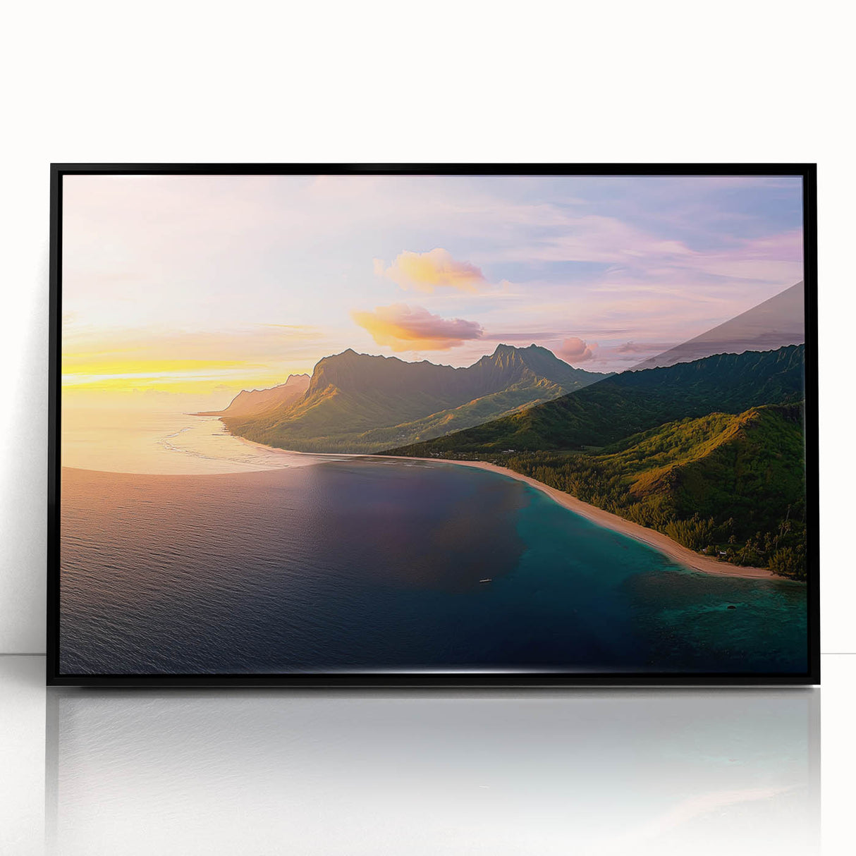 Framed acrylic artwork showcasing a stunning view of rugged cliffs with vibrant colors, ideal for enhancing home decor and capturing nature's beauty.