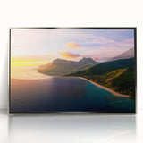 Framed acrylic artwork showcasing a stunning landscape of rugged cliffs under a bright blue sky, emphasizing natural beauty and depth with silver accents.