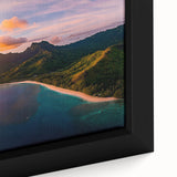 Close-up of a framed landscape canvas depicting rugged cliffs and vibrant skies, showcasing intricate textures and natural colors, ideal for home decor.