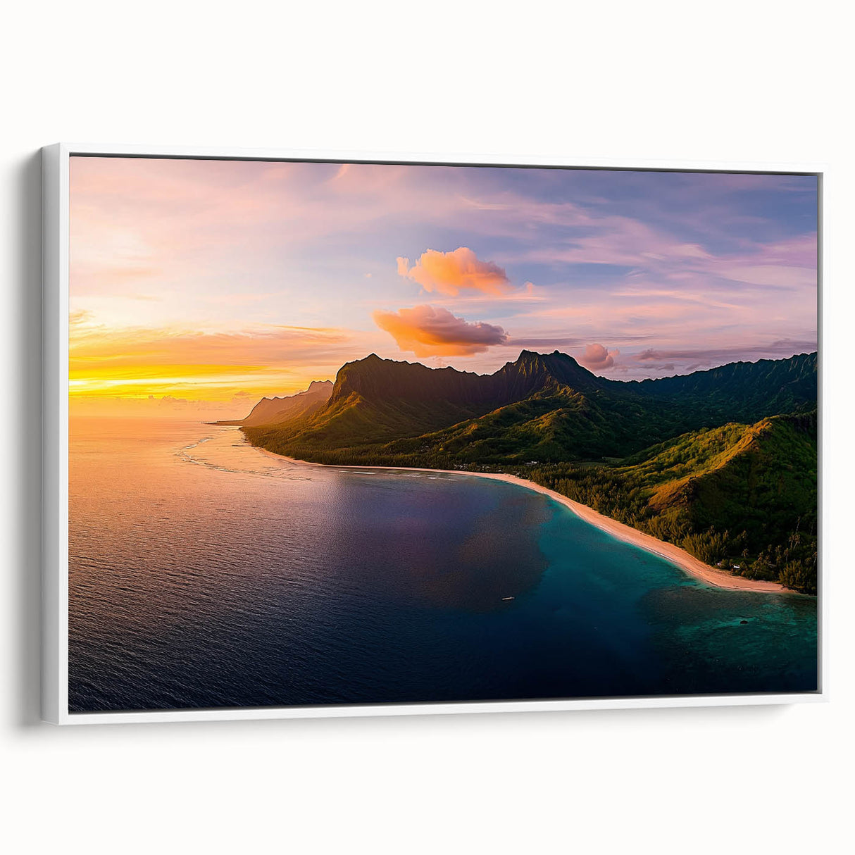 Framed canvas art depicting a stunning cliff landscape with vibrant colors, featuring rich details and a modern white frame, perfect for home decor enhancement.