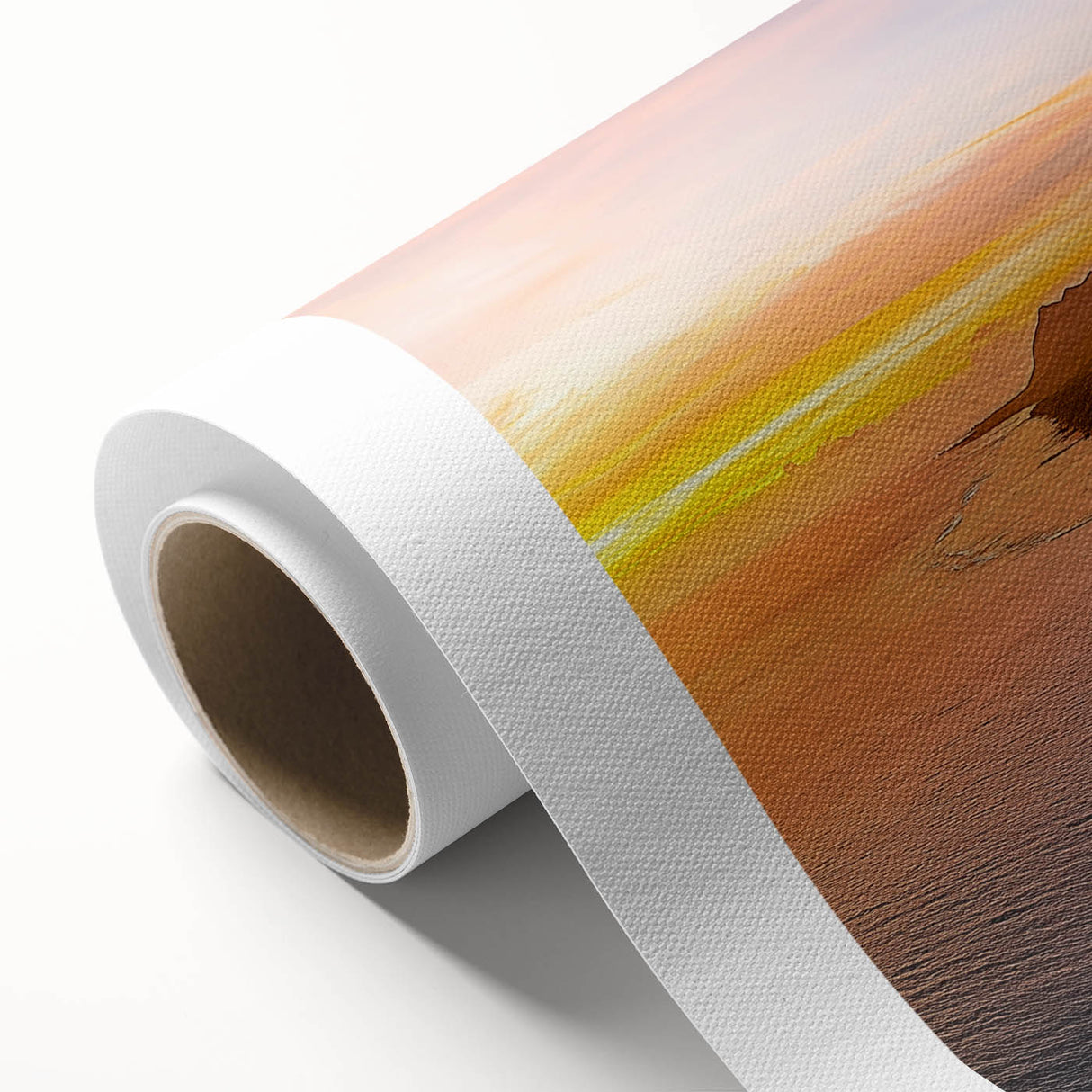Vibrant rolled canvas artwork showcasing dramatic cliffs and landscapes, featuring rich colors and textures, ideal for enhancing home decor in a stylish setting.