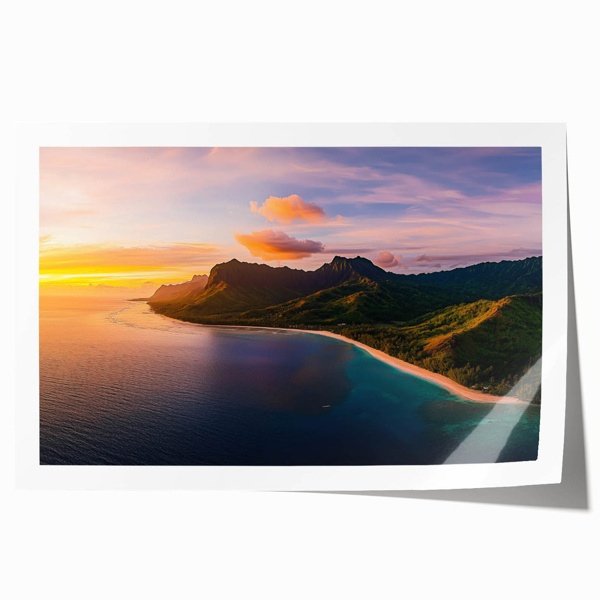 Stunning rolled print of dramatic coastal cliffs at sunset, showcasing vibrant colors and intricate details, perfect for home decor or art enthusiasts.