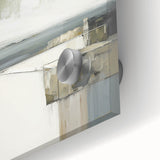 Close-up of an abstract architectural wall art piece printed on acrylic glass, showcasing geometric shapes in vibrant colors, perfect for modern home decor.