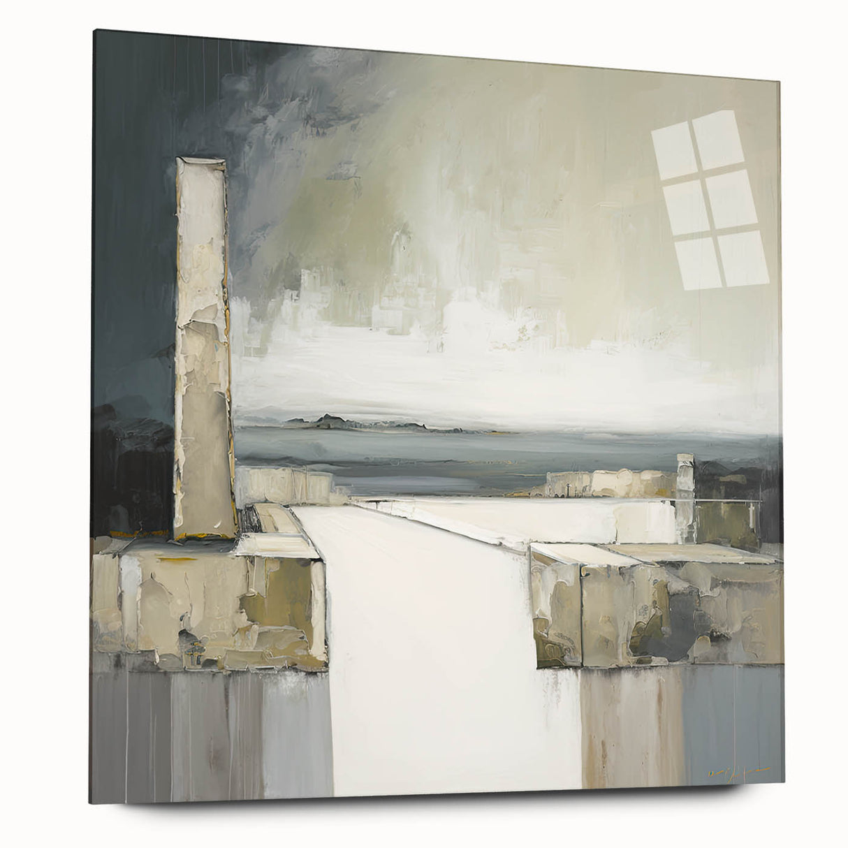 Abstract architectural wall art showcased in a sleek acrylic glass frame, highlighting geometric patterns and modern design elements, perfect for contemporary interiors.