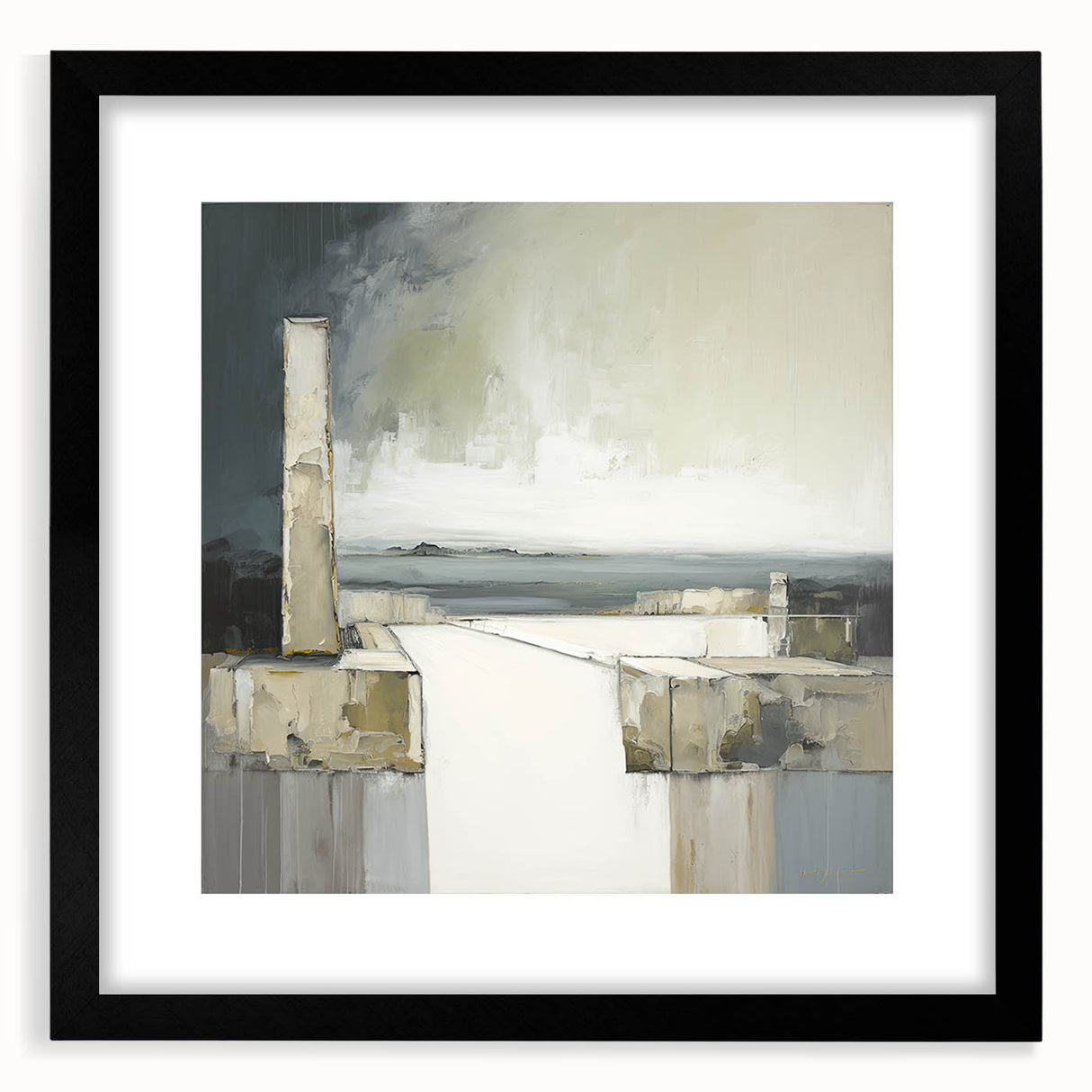 Abstract architecture wall art framed in black with a white mat, showcasing geometric shapes and lines, ideal for modern home decor and artistic interiors.
