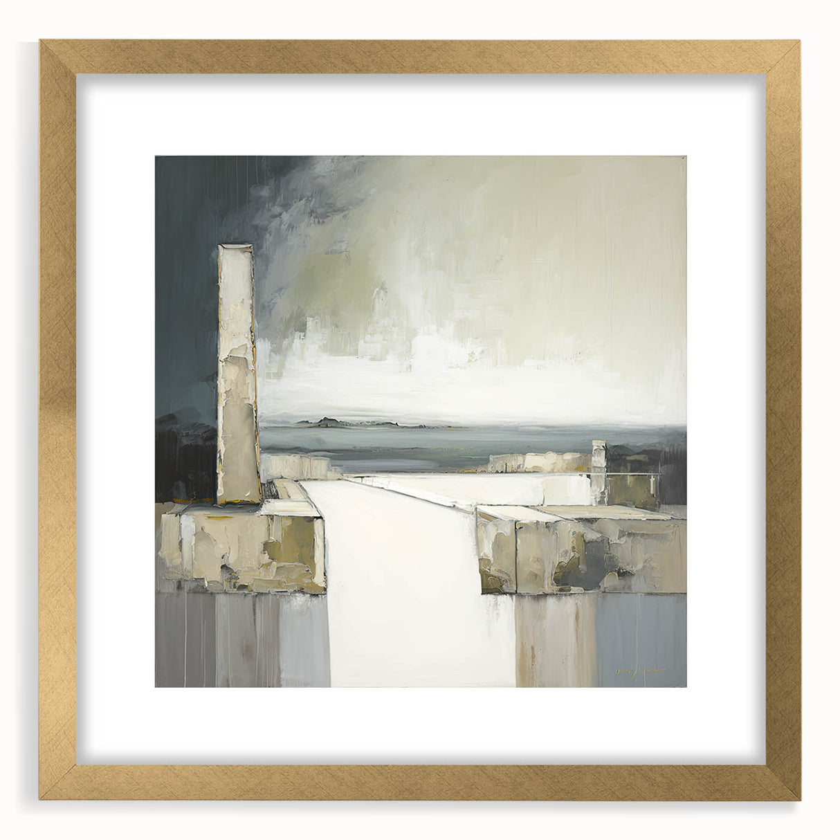 Abstract architectural wall art featuring a gold frame and mat, highlighting intricate geometric patterns against a neutral background, ideal for modern decor.