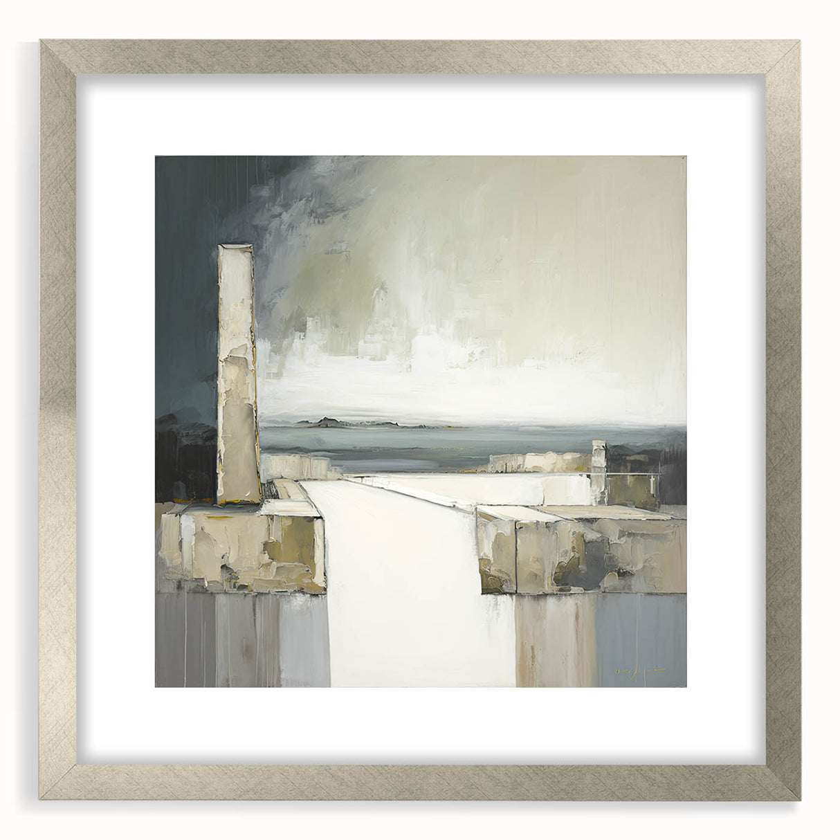 Abstract architectural wall art framed with a silver mat, showcasing geometric shapes and modern design elements, perfect for contemporary home decor.