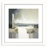 Abstract architecture wall art framed in white with a mat, showcasing geometric shapes and lines. Ideal for modern home decor or office aesthetics.