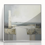 Abstract architectural wall art framed in sleek white acrylic, showcasing geometric shapes and modern design elements, perfect for contemporary decor.