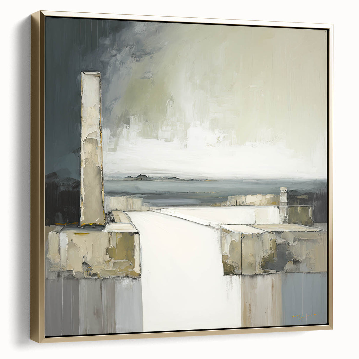 Framed abstract architecture wall art showcasing a modern design in silver and gold tones, ideal for contemporary home decor. Perfect for adding elegance and sophistication to any room.