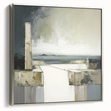 Framed canvas wall art showcasing an abstract architectural design in silver tones, highlighting modern aesthetics with a sleek side view, perfect for contemporary decor.