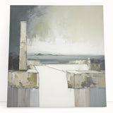 Abstract wall art featuring modern architectural design in vibrant blue, white, and gold colors, displayed on stretched canvas, leaning against a neutral wall. Ideal for contemporary home decor or office spaces.