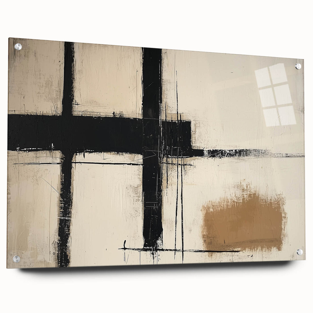 Abstract geometric acrylic glass artwork displayed from the side, featuring vibrant colors and sharp angles, secured with sleek pins for modern decor. This design enhances contemporary interiors with its striking visual appeal.