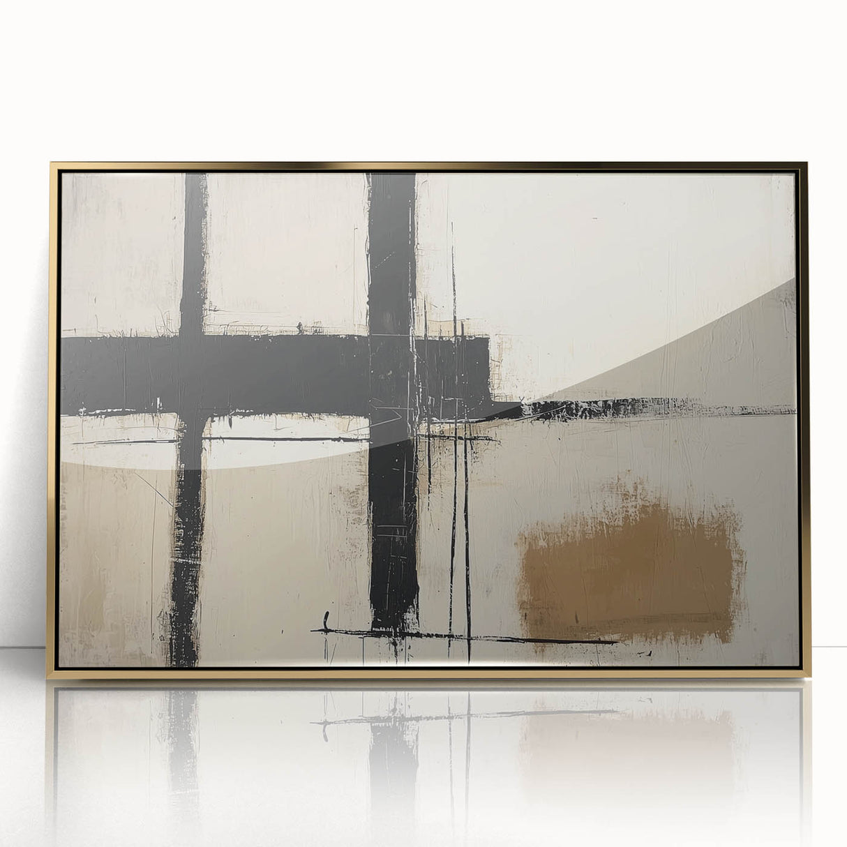Abstract geometric framed acrylic art piece in gold tones, showcasing a modern design with sharp angles and intricate patterns, ideal for contemporary decor.