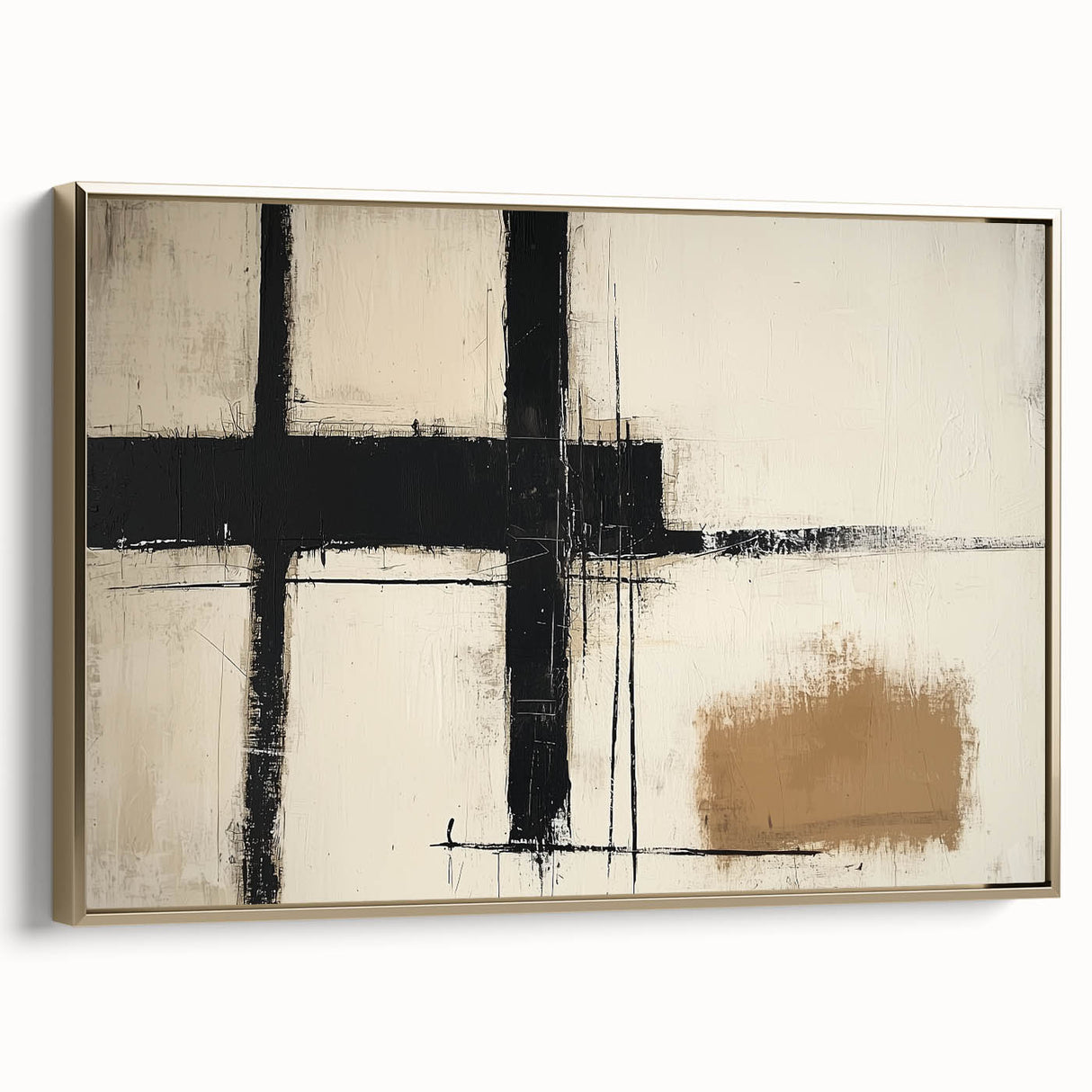 Framed abstract geometric canvas art in gold, showcasing modern design elements with a sleek profile, perfect for contemporary home decor. Ideal for stylish living spaces.