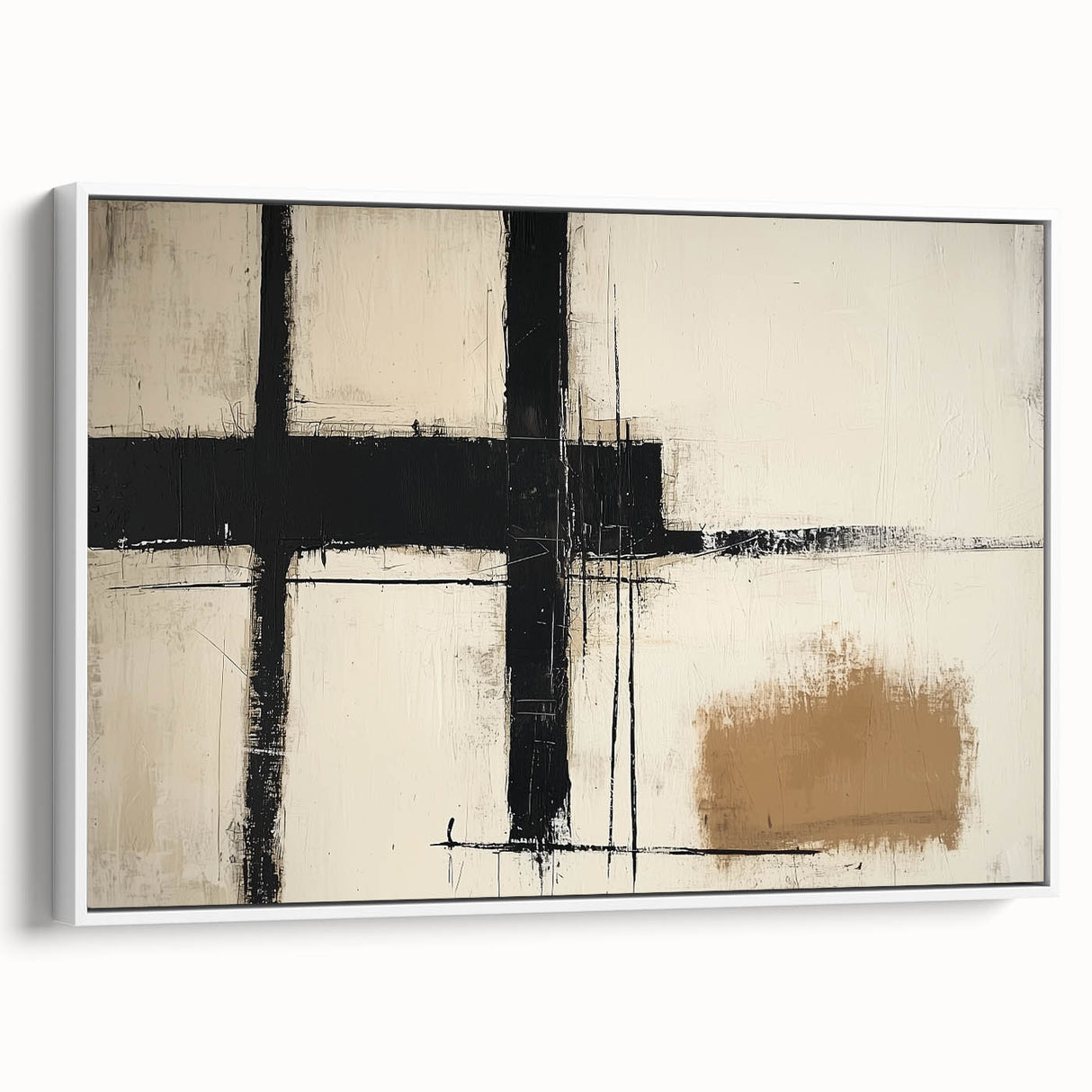 Framed canvas featuring an abstract geometric design with white accents, showcasing a modern artistic style ideal for contemporary decor. The side view reveals the sleek frame and textured surface, perfect for enhancing any living space or office environment.