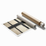 Abstract geometric rolled canvas print showcasing vibrant shapes and colors, ideal for modern home decor, packaged securely in a protective cardboard tube.