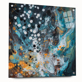 Abstract acrylic glass artwork showcasing a vibrant splatter design in various colors, displayed from the side with visible pins, ideal for modern home decor.