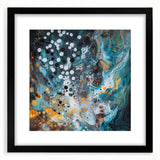 Abstract black frame displaying colorful splatter art with a mat, showcasing modern design elements. Ideal for contemporary home decor or office spaces.