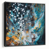 Framed canvas artwork featuring an abstract design with colorful splatters against a black background, showcasing a modern aesthetic perfect for contemporary decor.