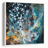 Framed abstract canvas artwork displaying vibrant splatters in various colors, set against a white background, showcasing a modern artistic flair ideal for contemporary decor.