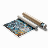 Abstract splatter art print showcasing vibrant colors like blue, yellow, and pink, rolled for easy display, ideal for modern home decor or art enthusiasts.