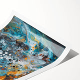 Colorful abstract splatter art print showcasing vibrant hues of blue, yellow, and red, ideal for modern home decor, rolled for easy shipping and display.